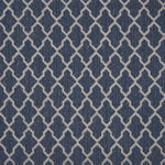 Wool-blend broadloom carpet swatch in a geometric lattice print in tan on an indigo field.