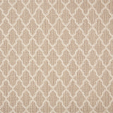 Wool-blend broadloom carpet swatch in a geometric lattice print in cream on a tan field.