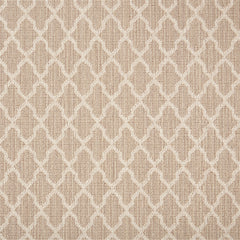 Wool-blend broadloom carpet swatch in a geometric lattice print in cream on a tan field.