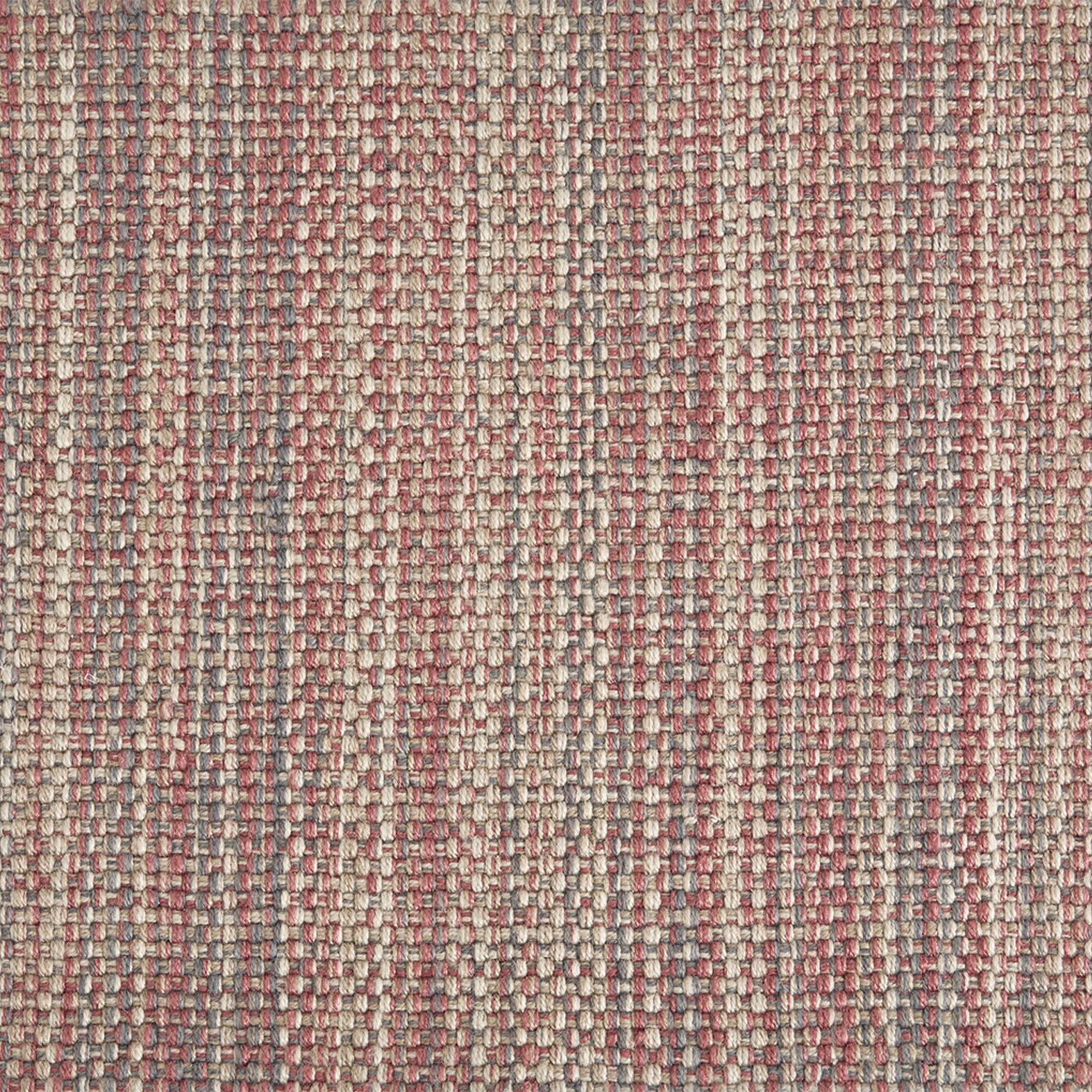 Outdoor broadloom carpet swatch in a chunky flatweave in mottled rose, cream and gray.