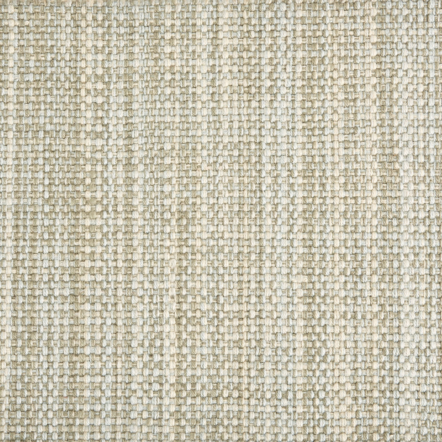 Outdoor broadloom carpet swatch in a chunky flatweave in mottled cream, sage and light blue.
