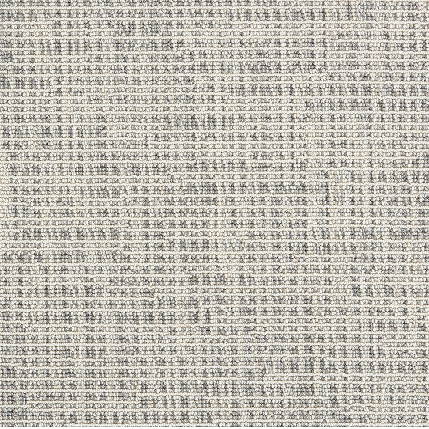 Synthetic blend broadloom carpet swatch in a woven stripe pattern in tan and mottled gray.