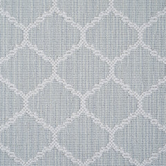 Wool-blend broadloom carpet swatch in a chunky lattice weave in light blue on a mottled blue field.