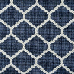 Wool-blend broadloom carpet swatch in a chunky lattice weave in white on a mottled navy field.