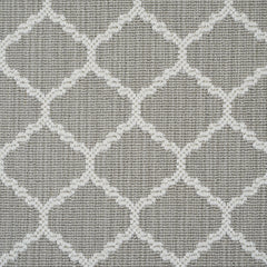 Wool-blend broadloom carpet swatch in a chunky lattice weave in cream on a mottled silver field.