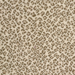 Wool-blend broadloom carpet swatch in a small scale animal print pattern in tan and brown on a cream field.