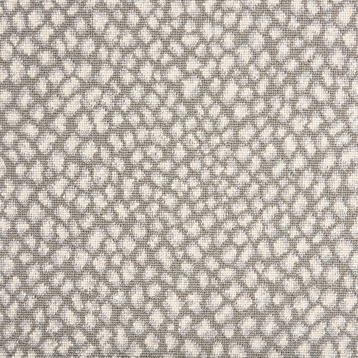 Wool-blend broadloom carpet swatch in a small scale animal print pattern in cream and light gray on a gray field.