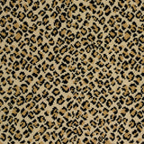 Wool-blend broadloom carpet swatch in a small scale animal print pattern in black and gold on a tan field.