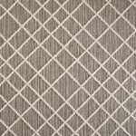 Wool-blend broadloom carpet swatch in a dimensional lattice print in cream on a mottled brown field.