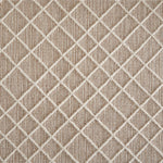 Wool-blend broadloom carpet swatch in a dimensional lattice print in cream on a mottled tan field.