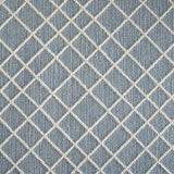 Wool-blend broadloom carpet swatch in a dimensional lattice print in cream on a mottled sky-blue field.