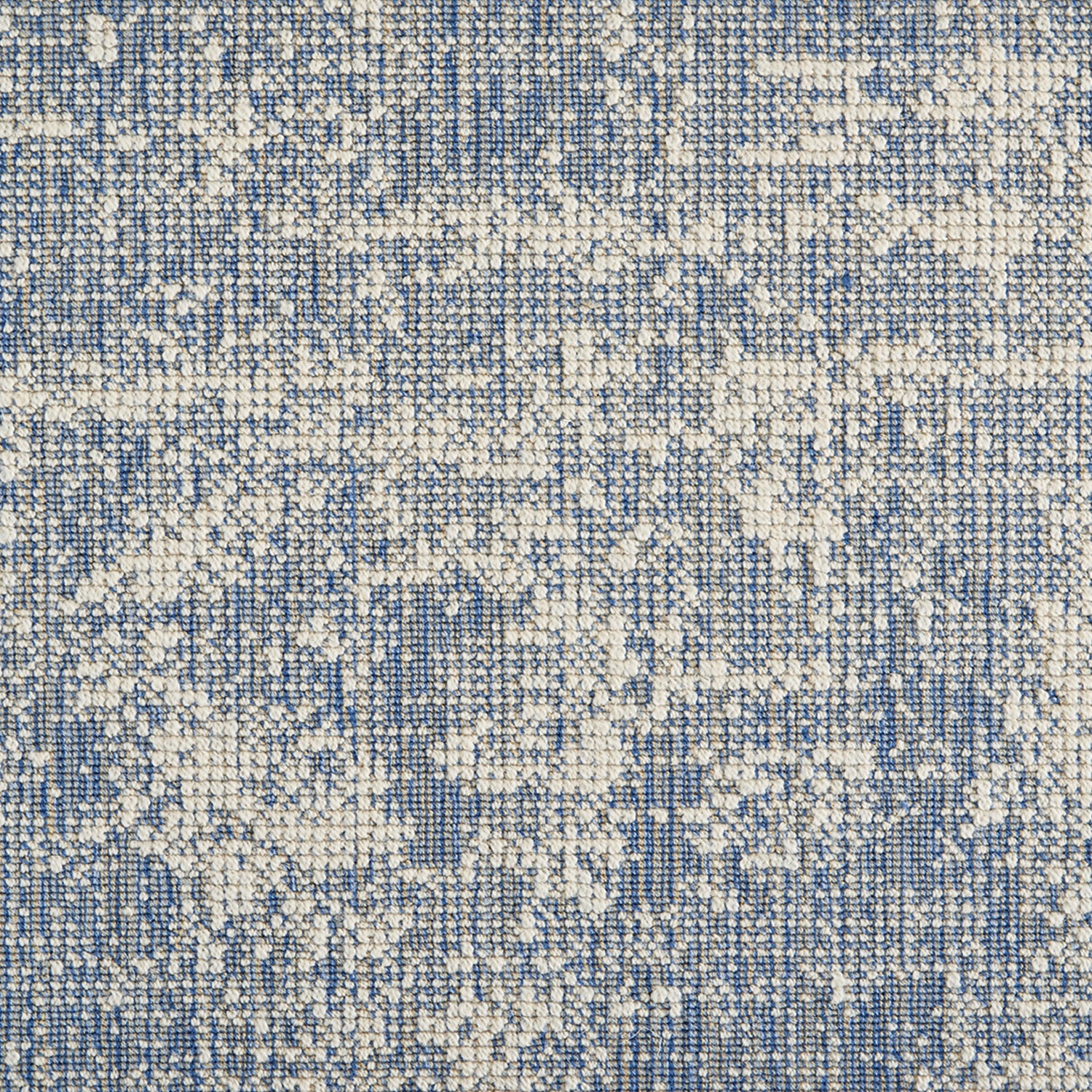 Wool-blend broadloom carpet swatch in a dimensional abstract weave in mottled blue, tan and cream.
