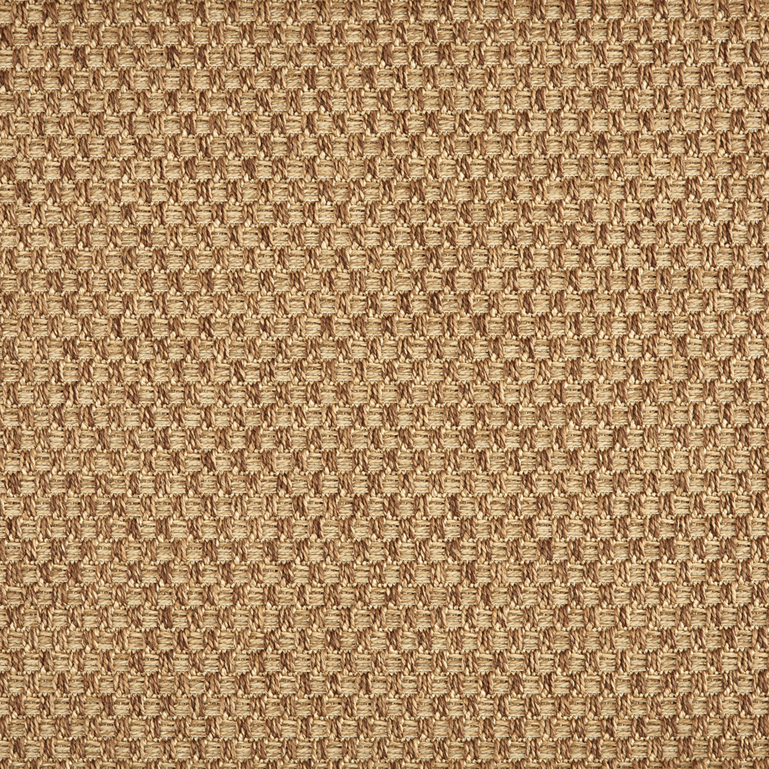 Outdoor broadloom carpet swatch in a flat grid weave in burnt umber.