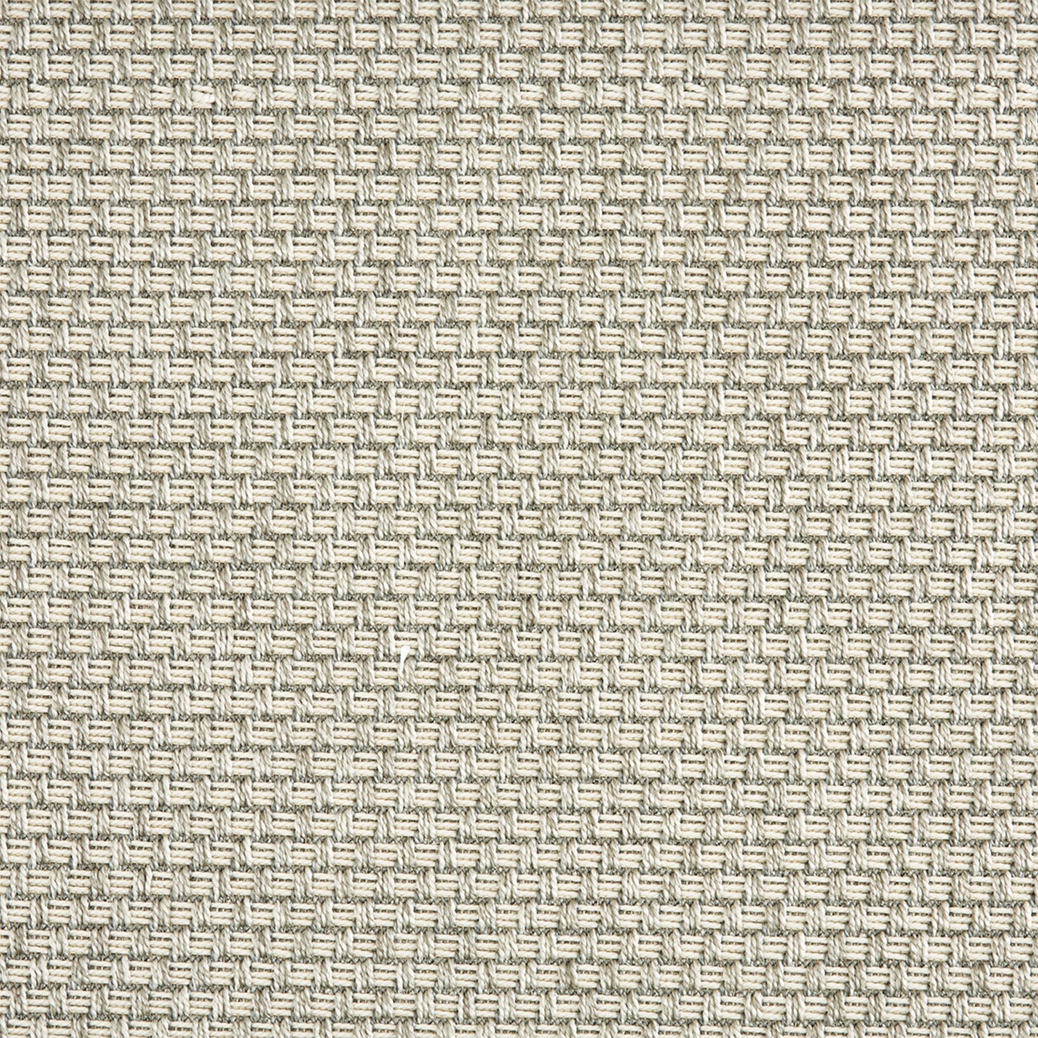 Outdoor broadloom carpet swatch in a flat grid weave in silver and cream.