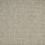 Outdoor broadloom carpet swatch in a flat grid weave in silver and gray.