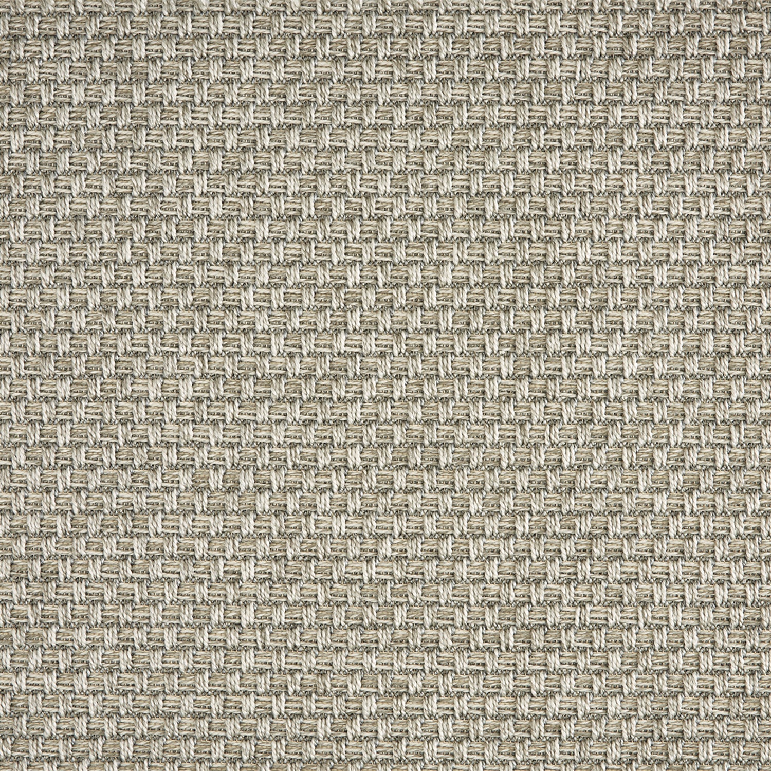 Outdoor broadloom carpet swatch in a flat grid weave in silver and gray.
