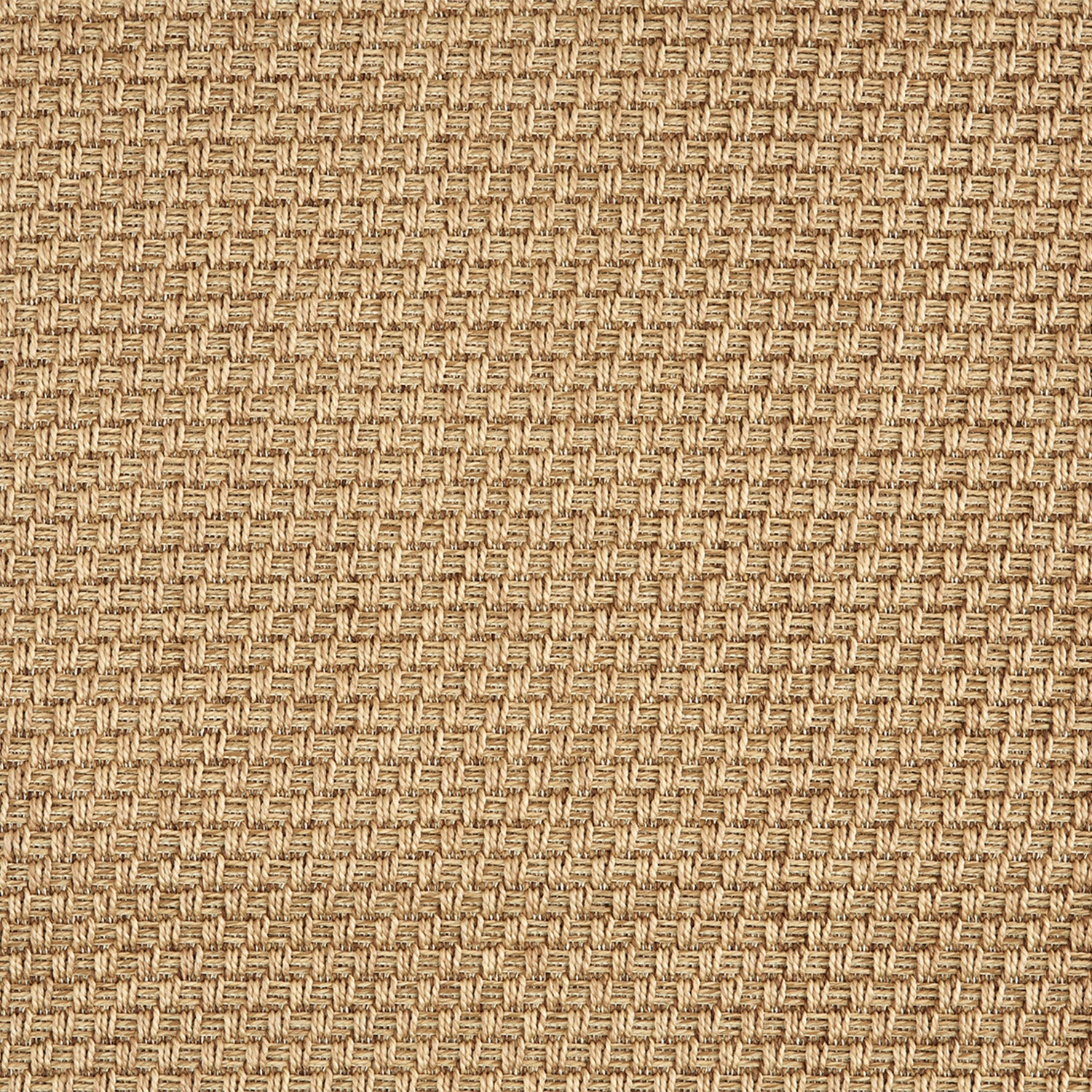Outdoor broadloom carpet swatch in a flat grid weave in tan and brown.
