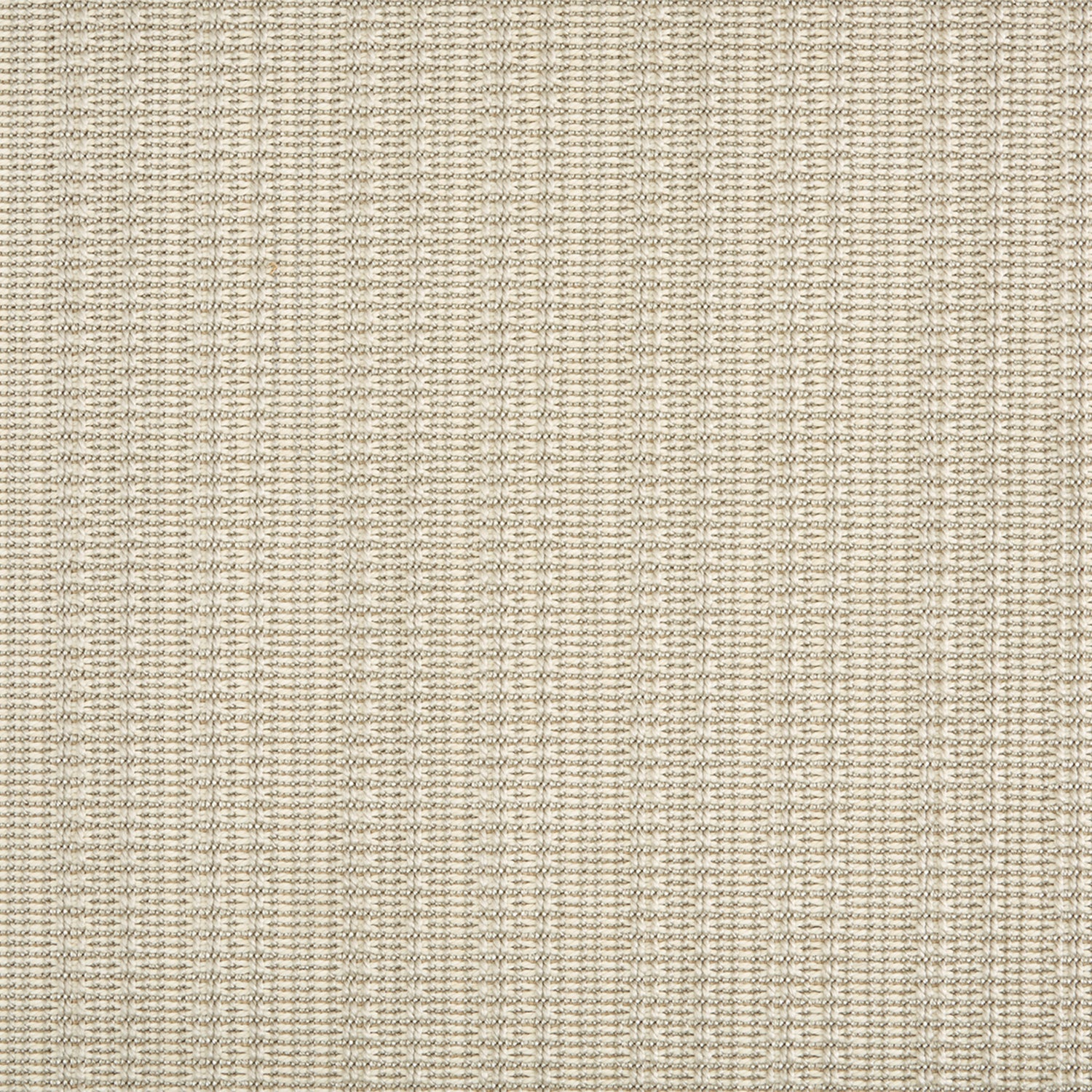 Outdoor broadloom carpet swatch in a flat grid weave in shades of cream.
