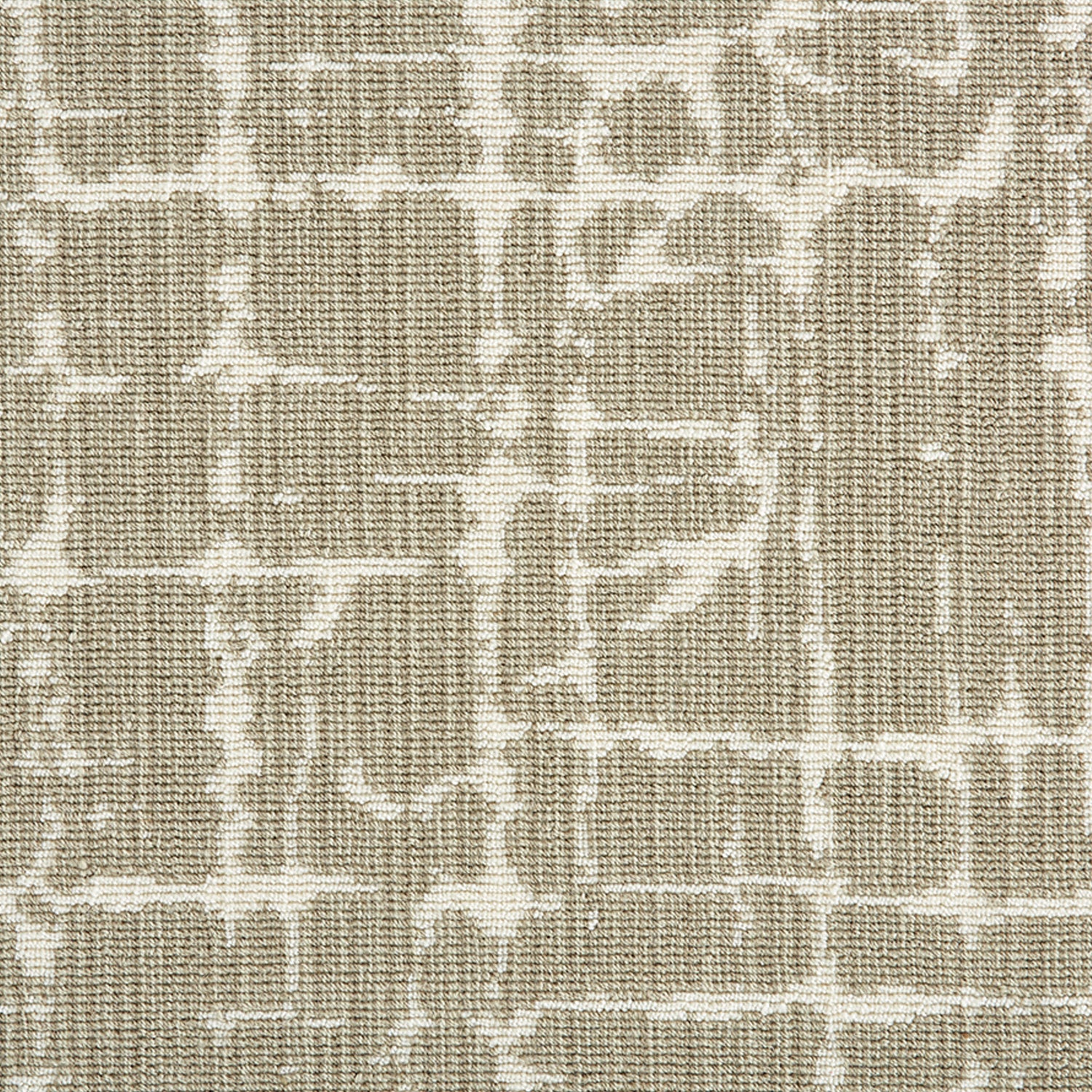Wool-blend broadloom carpet swatch in an abstract grid pattern in cream on a tan field.