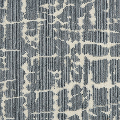 Wool-blend broadloom carpet swatch in an abstract grid pattern in cream on a mottled gray and blue field.