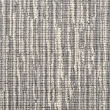 Wool-blend broadloom carpet swatch in a mottled stripe print in shades of cream, gray and charcoal.