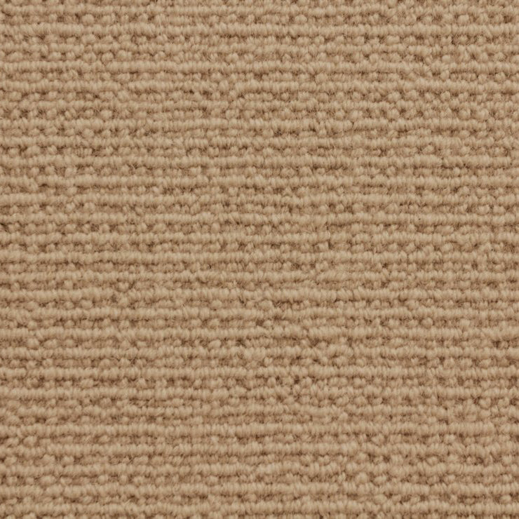Wool broadloom carpet swatch in a chunky loop weave in light brown.
