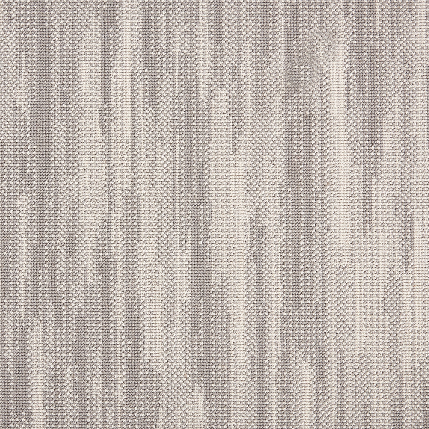 Wool-blend broadloom carpet swatch in a broken stripe pattern in cream, gray and sable.