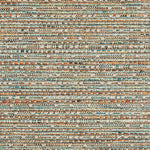 Outdoor broadloom carpet swatch in a textured grid weave in shades of blue, orange and tan.