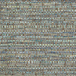 Outdoor broadloom carpet swatch in a textured grid weave in shades of blue, green and brown.