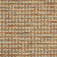 Outdoor broadloom carpet swatch in a large-scale grid weave in shades of brown, orange and blue.