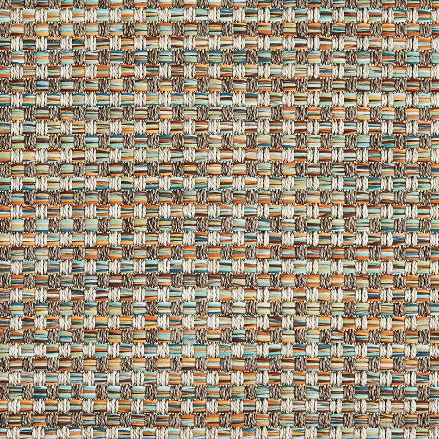 Outdoor broadloom carpet swatch in a large-scale grid weave in shades of brown, cream, orange and blue.