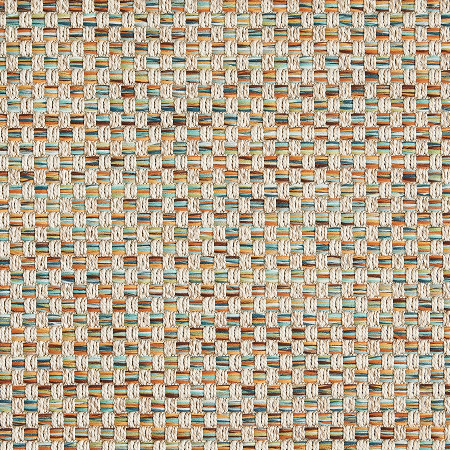 Outdoor broadloom carpet swatch in a large-scale grid weave in shades of cream, orange, green and blue.