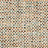 Outdoor broadloom carpet swatch in a large-scale grid weave in shades of cream, orange, green and blue.