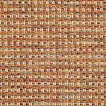 Outdoor broadloom carpet swatch in a large-scale grid weave in shades of red, orange, yellow and tan.