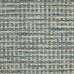 Outdoor broadloom carpet swatch in a large-scale grid weave in shades of blue, green and brown.
