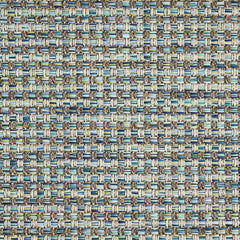 Outdoor broadloom carpet swatch in a large-scale grid weave in shades of blue, green and brown.