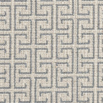 Wool-blend broadloom carpet swatch in an interlocking linear print in blue-gray on a cream field.
