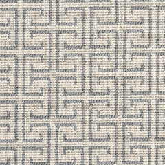 Wool-blend broadloom carpet swatch in an interlocking linear print in blue-gray on a cream field.