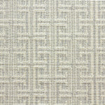 Wool-blend broadloom carpet swatch in an interlocking linear print in silver on a cream field.