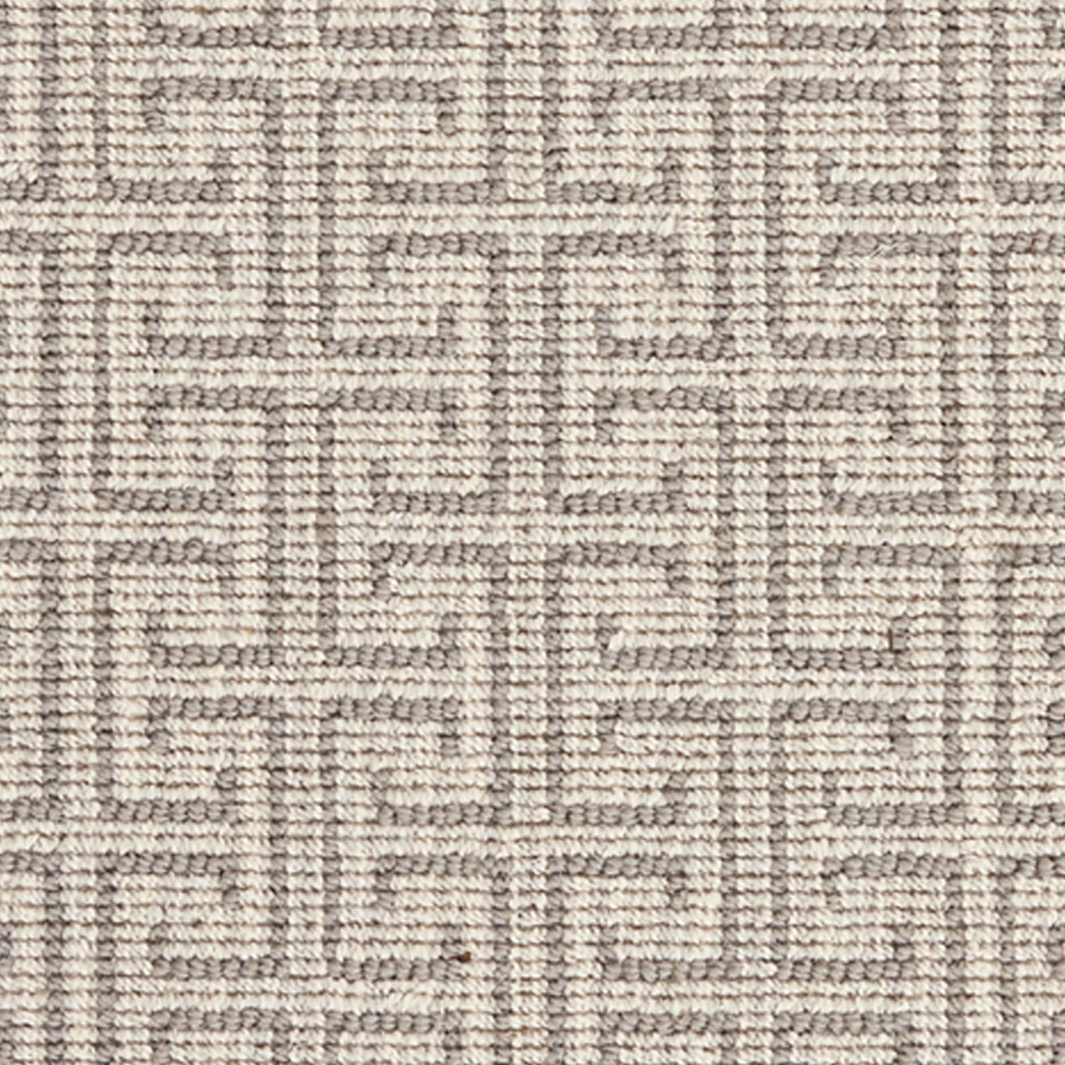 Wool-blend broadloom carpet swatch in an interlocking linear print in sable on a cream field.