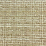 Wool-blend broadloom carpet swatch in an interlocking linear print in gold on a tan field.