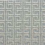 Wool-blend broadloom carpet swatch in an interlocking linear print in sky blue on a cream field.