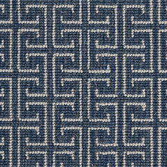 Wool-blend broadloom carpet swatch in an interlocking linear print in white on a navy field.