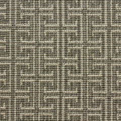 Wool-blend broadloom carpet swatch in an interlocking linear print in cream on a sage field.