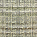 Wool-blend broadloom carpet swatch in an interlocking linear print in cream on a blue-gray field.