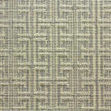 Wool-blend broadloom carpet swatch in an interlocking linear print in cream on a blue-gray field.