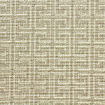 Wool-blend broadloom carpet swatch in an interlocking linear print in cream on a tan field.