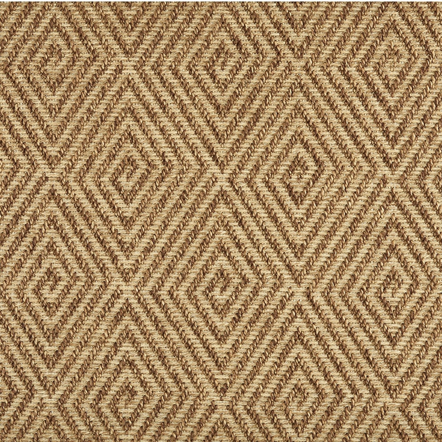 Outdoor broadloom carpet swatch in a dense repeating diamond pattern in brown on a tan field.