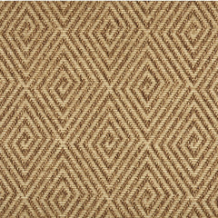 Outdoor broadloom carpet swatch in a dense repeating diamond pattern in brown on a tan field.