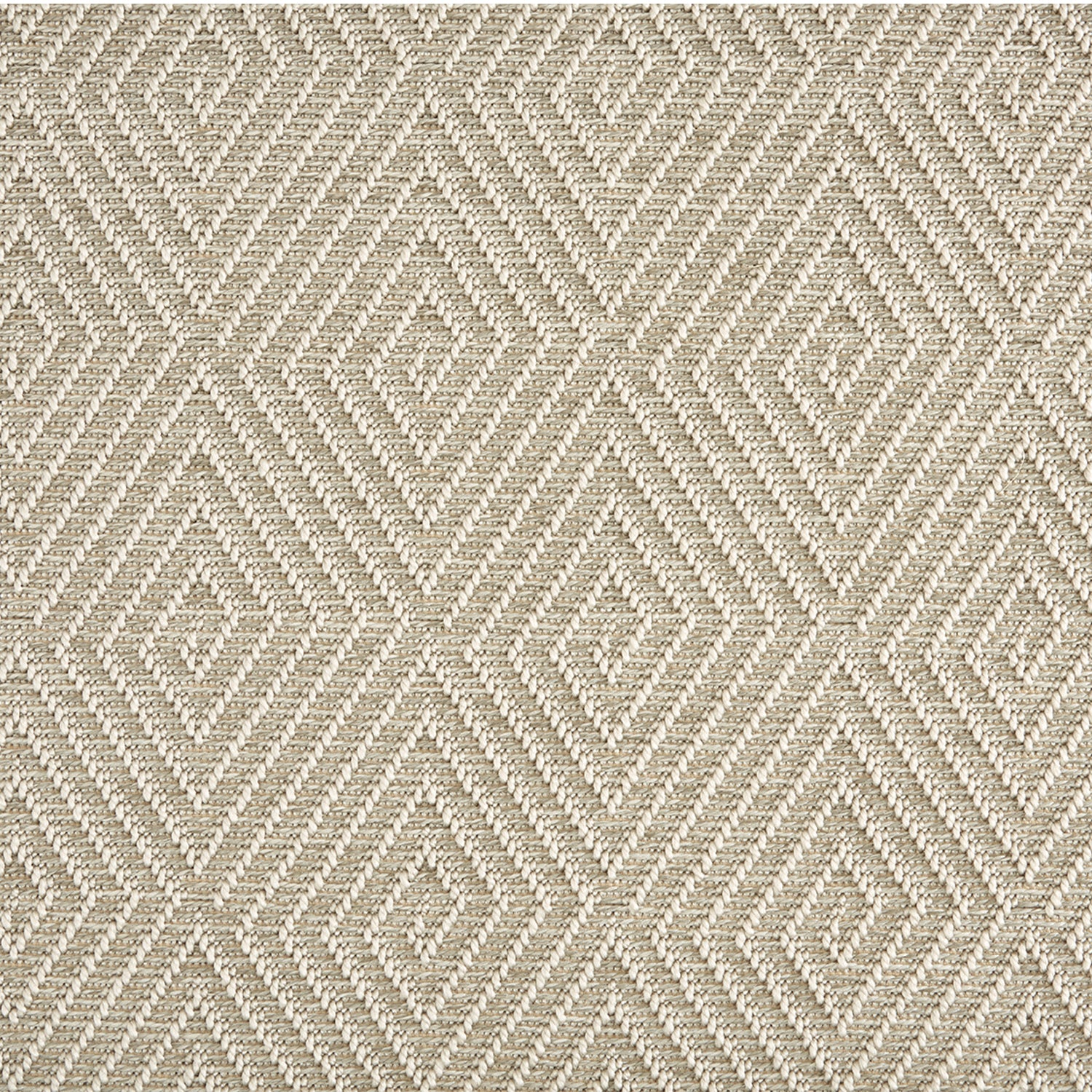 Outdoor broadloom carpet swatch in a dense repeating diamond pattern in cream on a greige field.